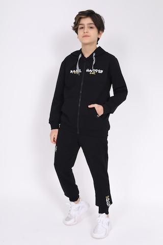 Toontoy Kids Toontoy Erkek Çocuk Pamuklu 2li Eşofman Takım Kapüşonlu Fermuarlı Hırka - Jogger Eşofman Altı 22919 Siyah
