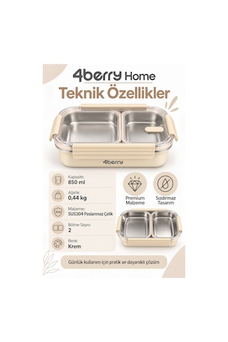 2 Bölmeli Termos Yemek Kabı 850 Ml, Paslanmaz Çelik, Sızdırmaz Kilitli, Şeffaf Kapaklı, Krem Rengi Krem-bej