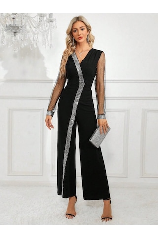 S-pazarım Kadın Uzun V Yakalı Önden Pulpayet Detaylı Tüllü Uzun Ithal Krep Tulum Siyah