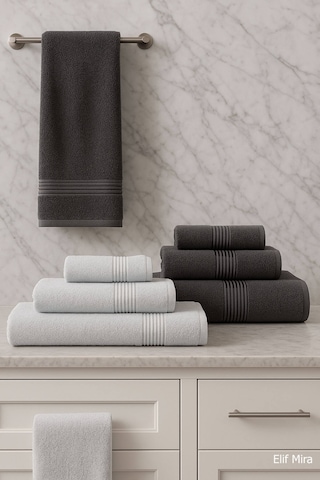 6 Parça Banyo Havlusu Seti Pamuklu 70x140 Cm Serenio Antrasit-Açık Gri
