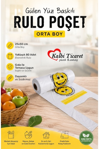 Rulo Poşet Orta Boy Gülenyüz Baskılı Poşet Hışır Atlet Poşet Market Manav Poşeti Beyaz Poşet