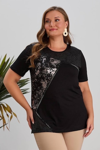 Wearon Kadın Yezra Deri Varak Taş Detaylı Penye Siyah Tişört Siyah