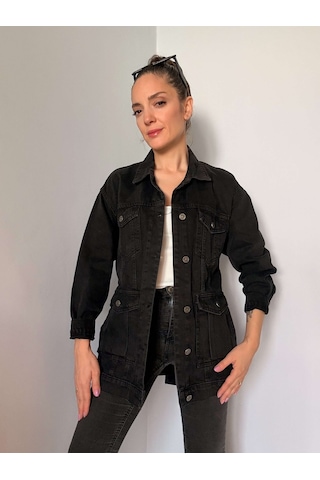 Siyah Kuşak Detaylı Denim Ceket Siyah