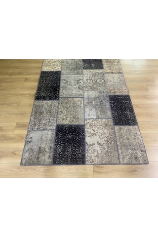 Çam Halı PW489 Gri Siyah El Dokuma Patchwork Yün Halı
