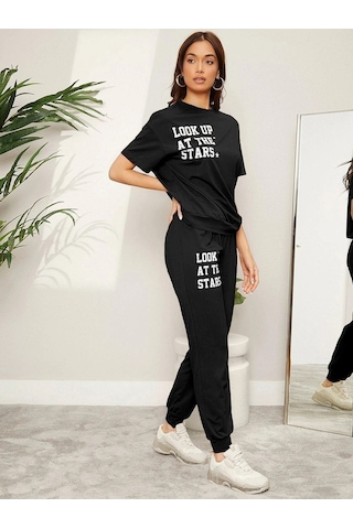 Clayes The Stars Ribana 2li T-shirt Eşofman Altı Jogger- Siyah Alt Üst Eşofman Takım Oversize Bisiklet Yak Siyah