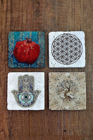 Doğal Taş Bardak Altlığı Uv Baskılı 4'lü Set - Nar, Yaşam Çiçeği, Nazar, Hayat Ağacı Stone Coasters Çok Renkli