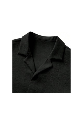 Alaçatı Stili, Erkek, Bürümcük, Krinkıl Kumaş, Yazlık Likralı Gömlek, Ve Şort Jogger Takım, Kombini Kum - Siyah