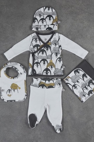 Veropukahome Ecocotton Pingu Erkek Bebek Zıbın Seti 5'Li Beyaz 0-3 Ay Beyaz