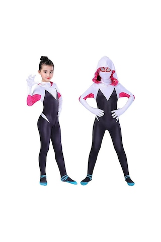 4-10 Yıl Çocuk Kız Örümcek Gwen Maske Cosplay Tulum Kostüm