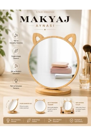 Unichrome Kedi Ayna Ahşap Standlı Masa Üstü Makyaj Aynası Make Up 14 Açık Bej