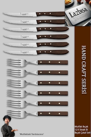 Lazbisa Mtf-062 Hand Craft Serisi Steak Et Yemek Kahvaltı Bıçağı Çatalı 12 Li Set Mutfak Bıçak Seti Ahşap