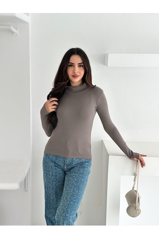 Kadın Yarım Balıkçı Yaka Parmak Geçmeli Full Likralı Buzz Body Vizon