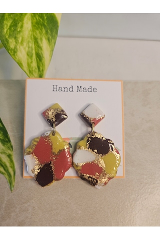 El Yapımı Polimer Kil Küpe - Paslanmaz Çelik Aparatlı Altın Varaklı Çok Renkli Çiçek Formlu Sallantılı Küpe Rose Gold