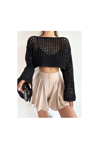 Munora Butik Uzun Kollu Siyah Triko Crop Bluz Siyah Siyah