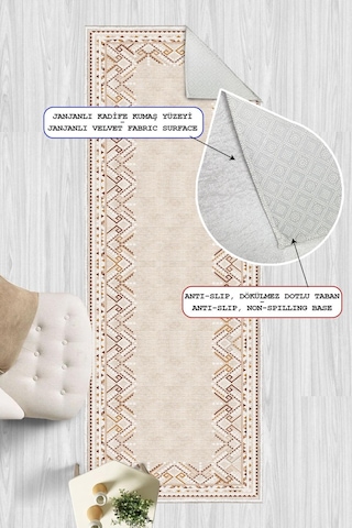 Dijital Baskılı Dekoratif Kaymaz Taban Yıkanabilir Kilim Yolluk Antre Hol Halısı Salon Halısı Krem