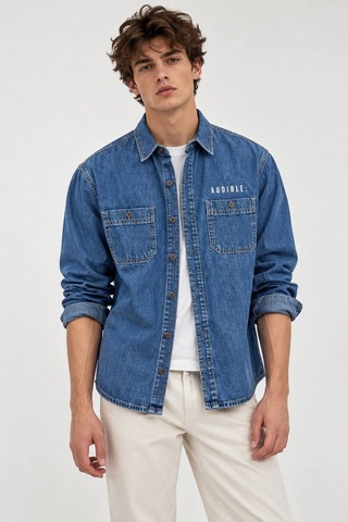 Little Cup Jeans Co Orta Mavi Premium Çift Cep 90lar Erkek Denim Kot Gömlek Açık Mavi