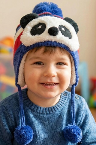 Bay Şapkacı - Sevimli Panda Tasarımlı Unisex Çocuk Kışlık Bere - 5900 Mavi