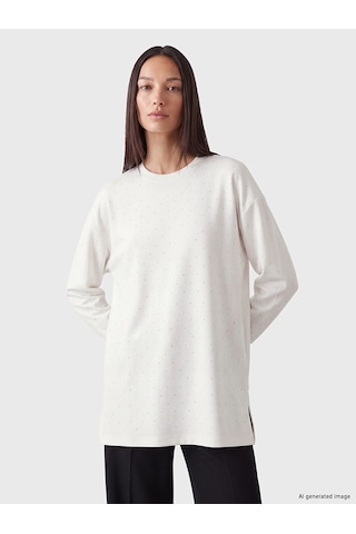 Lcw Everyday Beyaz Taşlı Soft Touch Oversize Kadın Sweatshirt Tunik