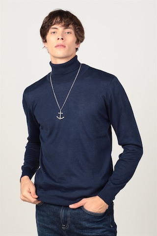 Tudors Slim Fit Dar Kesim Tam Boğazlı Yaka Düz Yün Erkek Kazak-23921 Lacivert