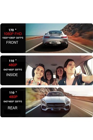 Gajeena Üç Kameralı Araç Gördürücü - Ön+iç+arka Simultane Kayıt, 1080p Hd, Wıfı Bağlantılı, 12mp Piksel, 170 Geniş Açı, 128gb Destekli