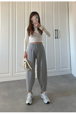 Veraura Lifestyle Kadın Krep Kumaş Balon Pantolon Gri