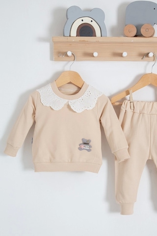 Babydonat Dantel Yakalı Pamuklu 2'li Kız Bebek Takımı Krem
