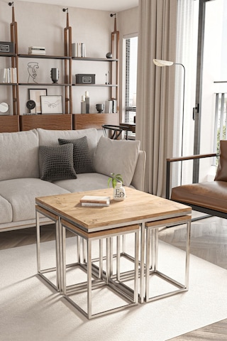 Lizbon 4+1 Kare Sehpa Takımı Gümüş Metal - Atlantik Çam Tabla