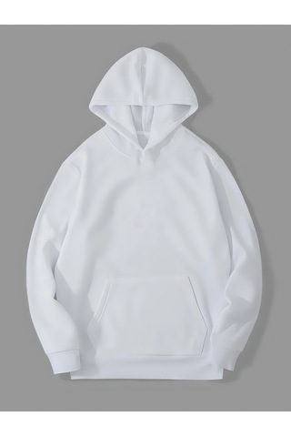 Harmandar Üç İplik Baskısız Unisex Beyaz Kanguru Cepli Kapüşonlu Sweatshirt Hoodie Beyazsweat