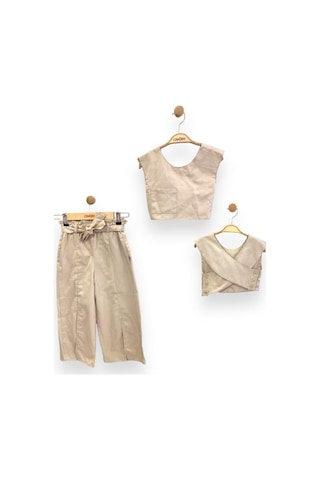 Çikoby Kız Çocuk Dokuma Üstü Crop Bol Paça Yırtmaçlı Pantolon Takım-13775 Taş