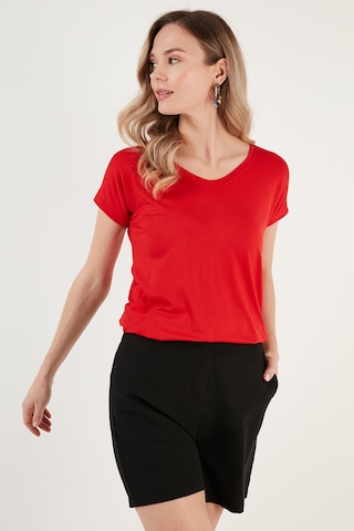 Lela V Yaka Relaxed Fit Yırtmaç Detaylı 2'Li Paket Bayan Bluz 5862000S2 Ekru-Kırmızı
