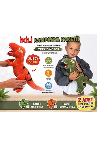 2'li Xl T-rex Dinozor Peluş Oyuncak Seti 55 Cm İthal Soft Kumaş Uyku Oyun Arkadaşı Çocuklara Hediye Çok Renkli