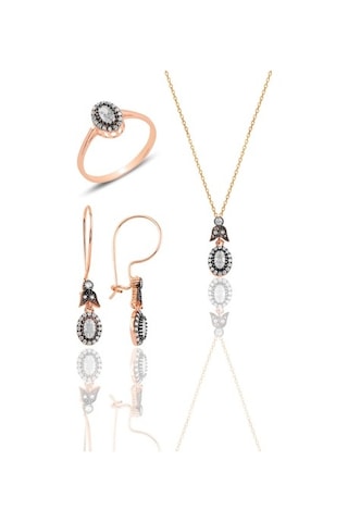 Gümüş Rose Elmas Montürlü Oval Üçlü Set… (535070195)