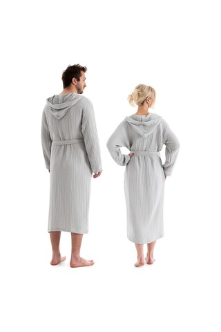 Unisex Kapşonlu 4 Kat Müslin Bornoz - Gri