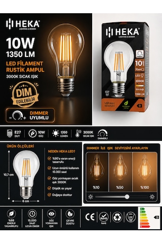 10 Adet Heka 10w Günışığı 3000k E27 Duylu Dim Edilebilir Led Rustik Ampul