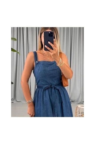 Gesshop Kadın Askılı Etek Volanlı Kuşaklı Midi Boy Denim Elbise Koyu Mavi
