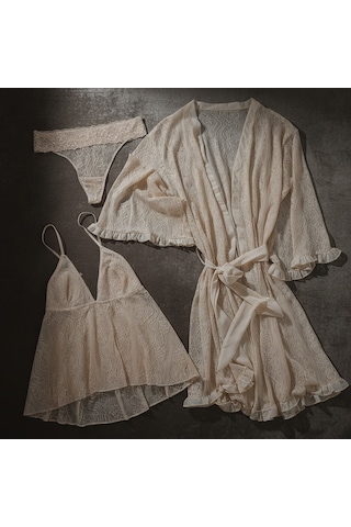 Bonbon Kadın Çeyizlik Ve Bohçalık Tül Transparan Ekru Renk Babydoll, String Ve Sabahlık 3 Lü Paket Bb2686