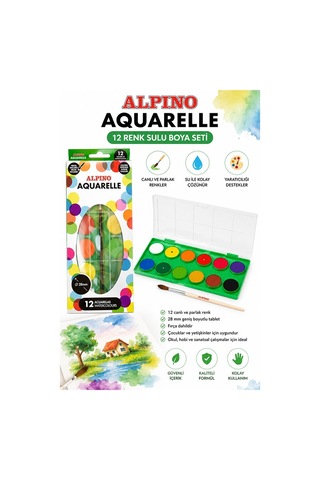 12 Renk Sulu Boya 28mm 1 Paket Alpino Aquarelle 12 Li Suluboya Fırça Hediyeli Canlı Renkler Kaliteli Yıkanabilir Zararsı Çok Renkli