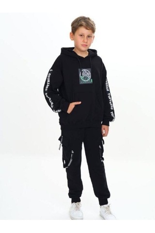 Zekids Çocuk Kapüşonlu Stay Strong Yazılıi Sweatshirt-14816 Siyah