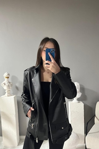 Prifaldi Uzun Oversize Kadın Siyah Deri Ceket
