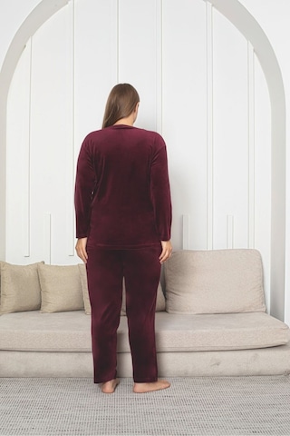 Büyük Beden Kırmızı Likralı Soft Kadife Pijama Takımı Bordo