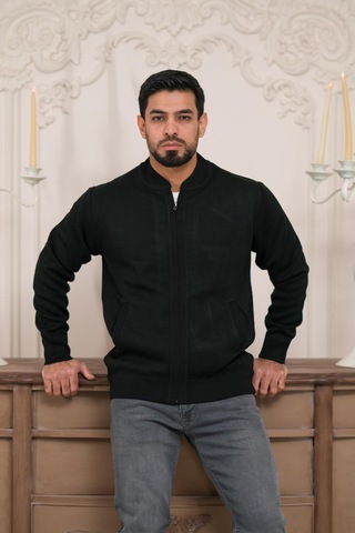 Woolen World Pilot Yaka Fermuar Kapamalı Klasik Kesim Astarlı Çelik Örgü Hırka Siyah