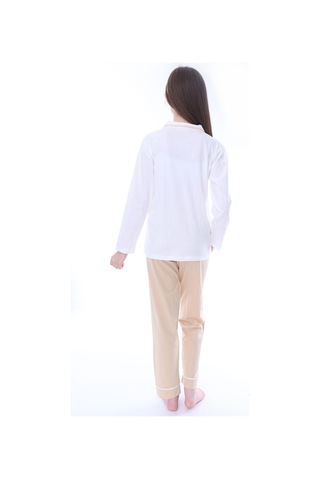 Zuzunga Ekru-bej Çiçek Baskılı Biyeli Düğmeli %100 Pamuk Kız Çocuk Pijama Takımı Ekru - Bej