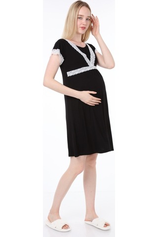 Luvmabelly Myra9682 Önden Bölmeli Dantelli Hamile Geceliği -siyah-siyah