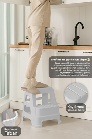 Büyük Boy 2 Basamaklı Merdiven Tabure - Kaydırmaz Tabanlı Çok Amaçlı Basamak Tabure Gri