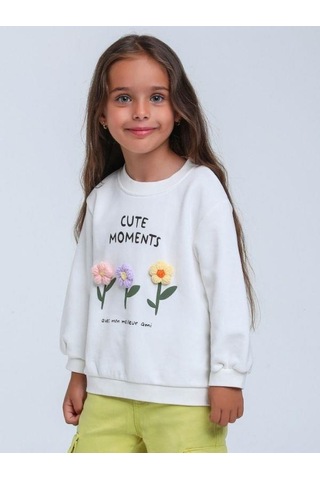 Kız Çocuk Örgü Çiçek Desenli Sweatshirt-14297 Beyaz