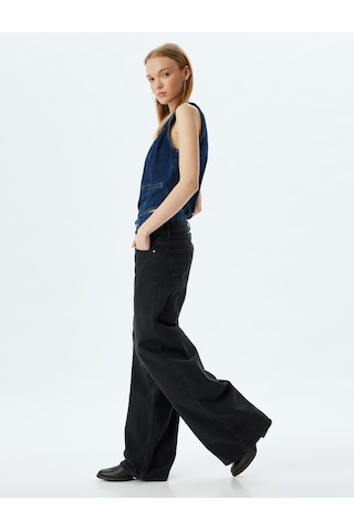 Koton Bol Kot Pantolon Çift Bel Detaylı Düğmeli Yıkamalı - Loose Straight Fit Jean Siyah 5wal40083md Siyah