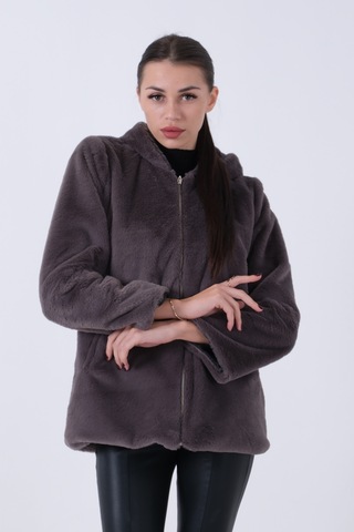 Feminist Gri Fermuarlı Oversize Kapüşonlu Çift Cepli Peluş Mont 0108078.06 Gri