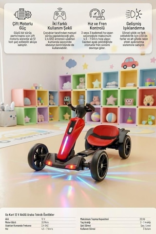 Uzaktan Kumandalı Işıklı 12v Akülü 35kg Taşıma Kapasiteli 7km/h Hızlı Çift Motorlu Çocuk Gokart Kırmızı
