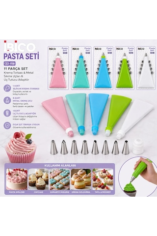 11pcs Pasta Seti - Renkli 1-krema Torbası - 9-metal Sıkma Uçları - 1-uç Tutucu Adaptör