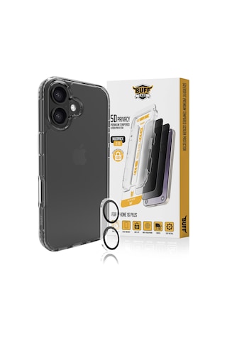 Buff Apple iPhone Uyumlu 16 Plus - Şeffaf Kılıf + Ekran Koruyucu + Lens Koruyucu Privacy Hayalet